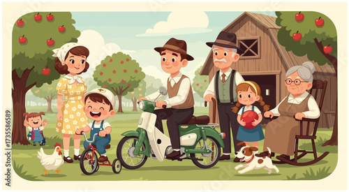 Happy multigenerational family with children and grandparents smiling together around classic motorcycle and sidecar in retro illustration.