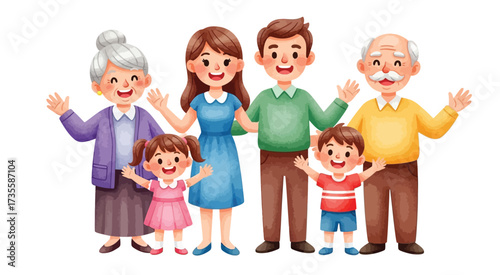 Happy multigenerational cartoon family portrait with grandparents, parents, and children smiling together, holding hands, enjoying joyful moment.