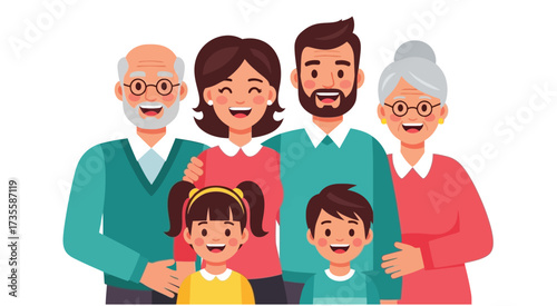 Happy multigenerational cartoon family portrait with grandparents, parents, and children smiling together, holding hands, enjoying joyful moment.