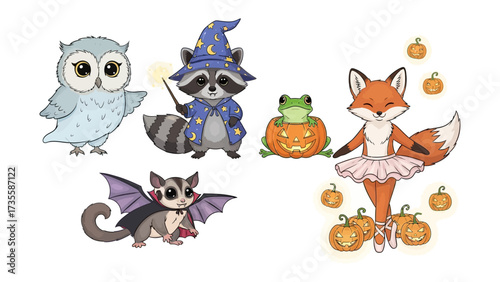 Enchanting Creatures: A whimsical array of adorable characters brings to life, a magical owl, raccoon wizard, frog in pumpkin.