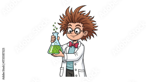 Enthusiastic Scientist in Lab: A cartoon scientist with messy hair and glasses, holds a flask of bubbling green liquid, in a laboratory setting.