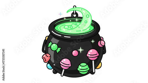 Mystical Cauldron Brew: An enchanting cauldron, adorned with vibrant candies, bubbles with a magical, glowing potion under the ethereal light of a crescent moon. 
