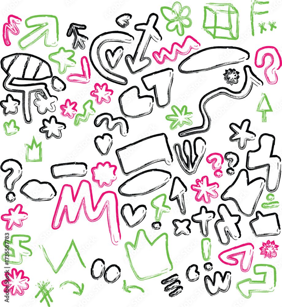 Fototapeta premium Vibrant hand-drawn doodle collection with arrows hearts stars and abstract shapes on white