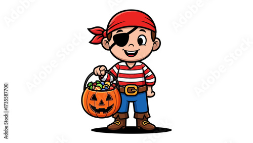 Halloween Pirate: A young child, dressed as a whimsical pirate with a mischievous grin, clutches a festive pumpkin bucket overflowing with colorful candies, embodying the spirit of Halloween fun.