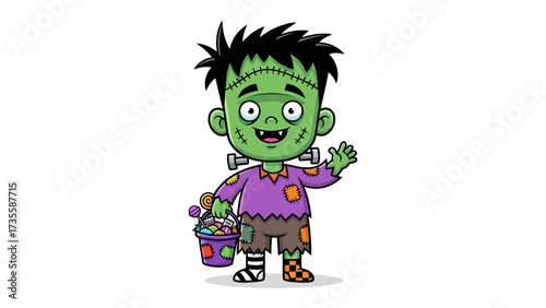 Frankenstein Costume Delight: A cartoon Frankenstein, trick-or-treating with a bucket of candies, embodies the playful spirit of Halloween. The illustrated character, friendly and inviting.