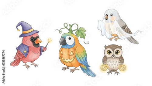 Halloween Birds: A charming watercolor illustration depicts a whimsical ensemble of festive birds, each adorned in delightful Halloween costumes.