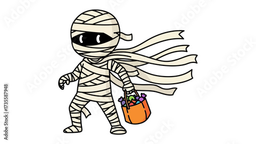 Halloween Mummy with Treat Bag: An illustrated mummy character with a treat bag, embodies the spirit of Halloween, perfect for festive designs and spooky celebrations. 