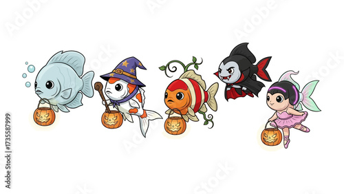 Halloween Fish Festivities: Adorable cartoon fish, each in a unique Halloween costume, gather around a festive, lantern-lit ambiance. Explore the whimsy and imagination in this festive display.