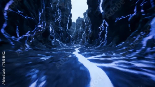 Dynamic Blue Energy Flowing Through Dark Abstract Canyon Path