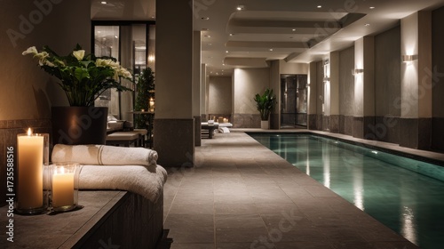 A serene luxury hotel spa with a tranquil indoor pool