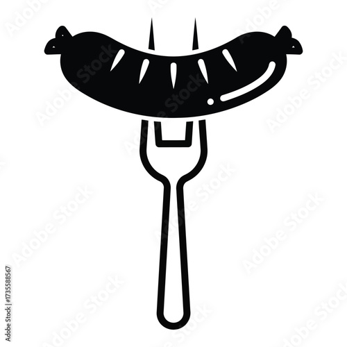 Vector art of black and white illustration of a sausage on a fork