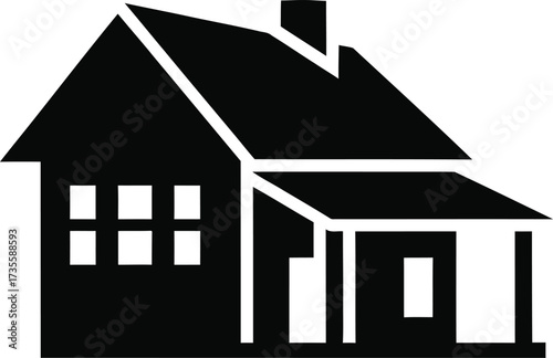Simple black silhouette of a traditional house with a porch