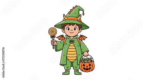 Enchanting Dragon Costume for a Halloween Adventure: A young child, dressed as a friendly dragon, clutches a candy and a jack-o'-lantern treat basket, embodying the spooky spirit of Halloween.