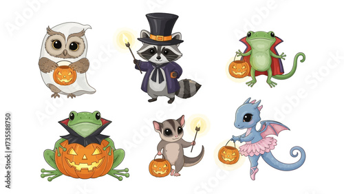 Whimsical Halloween Parade: An adorable assemblage of costumed woodland creatures and a mythical dragon, each joyfully bearing jack-o'-lanterns, conjures the spirit of Halloween.