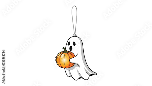 Ghost with Pumpkin Ornament: A whimsical illustration showcases a playful ghost figure tenderly holding a vibrant pumpkin ornament.