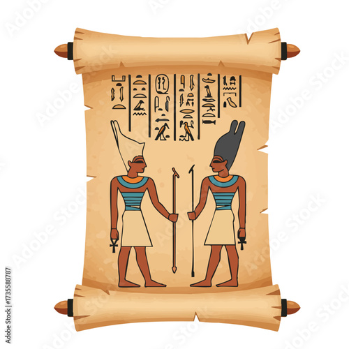 Ancient Egyptian Papyrus Scroll with Hieroglyphs and Figures.
