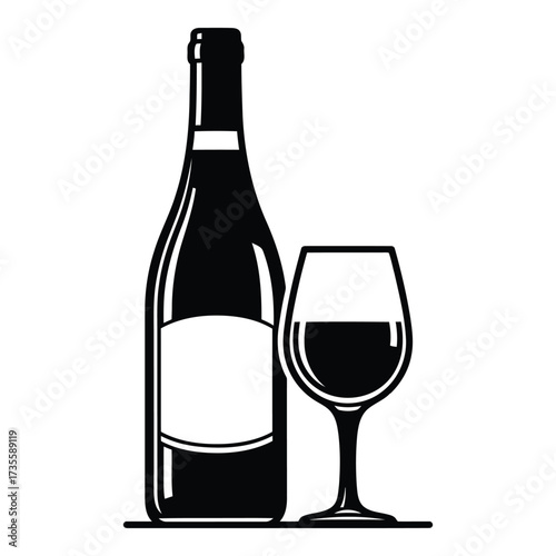 Vector art of black and white illustration of a wine bottle and glass