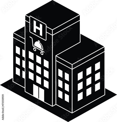 Isometric black and white illustration of a modern hospital building