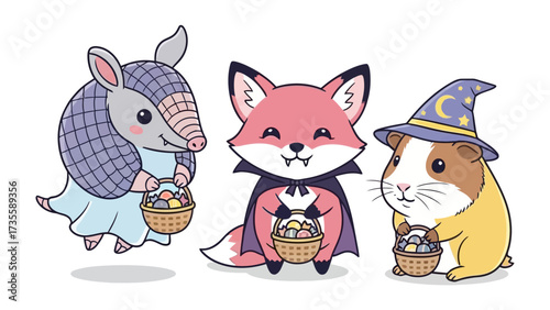 Festive Animal Trio with Easter Eggs: Whimsical illustrations depict a charming armadillo, fox, and guinea pig, each dressed in festive attire and clutching Easter baskets filled with colorful eggs.