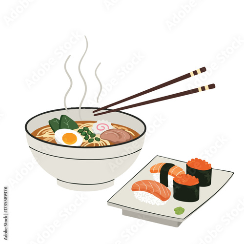Delicious Ramen Bowl and Sushi Platter with Chopsticks.