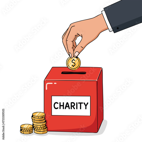 Hand dropping coin into charity box with coins nearby.