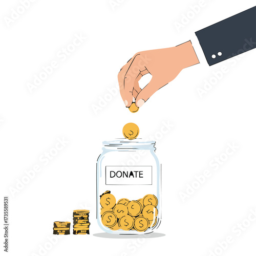 Hand dropping coin into donation jar with stacks of coins.