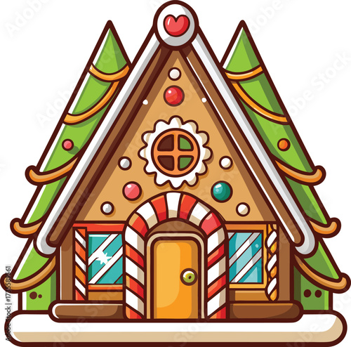 Christmas Gingerbread Villages snowy rooftop gingerbread home with green windows