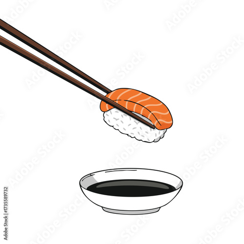 Salmon Nigiri Sushi Being Dipped in Soy Sauce with Chopsticks.