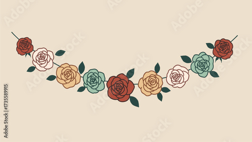 Stylized Rose Garland Illustration with Muted Colors. Decorative Floral Swag Design Element.