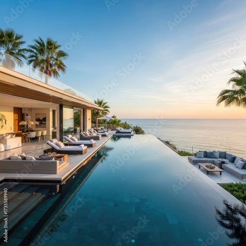 Luxury Villa with Infinity Pool Overlooking the Ocean at Sunset.
