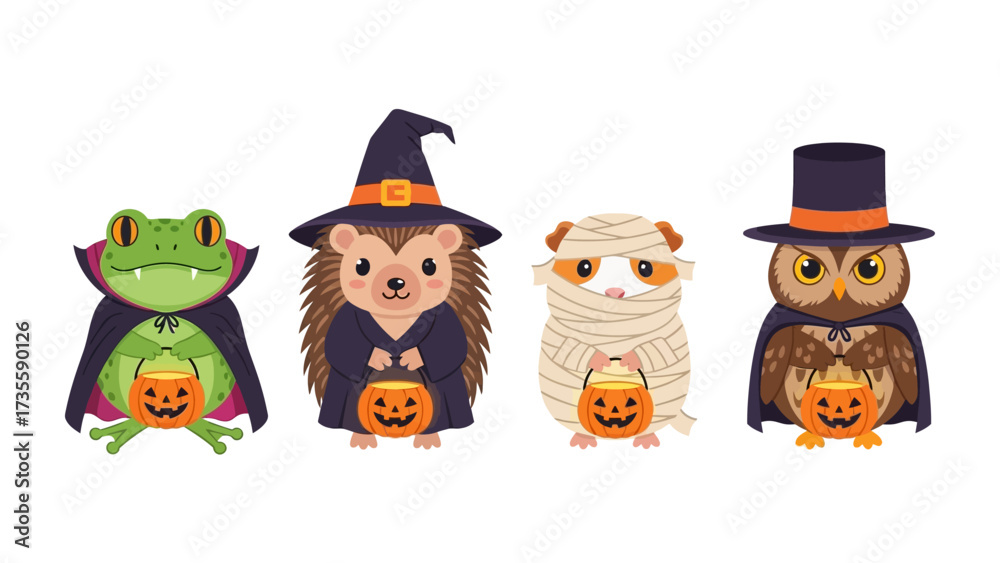 Fototapeta premium Spooky Halloween Animals: A charming array of costumed critters, each holding a pumpkin pail, perfect for spreading a touch of Halloween cheer.