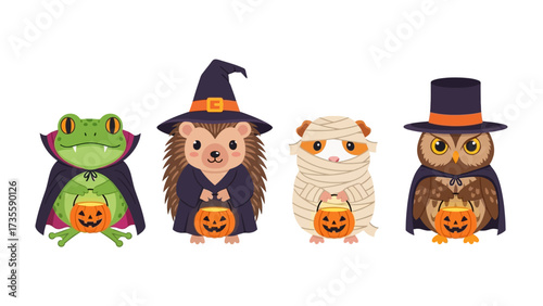 Spooky Halloween Animals: A charming array of costumed critters, each holding a pumpkin pail, perfect for spreading a touch of Halloween cheer.
