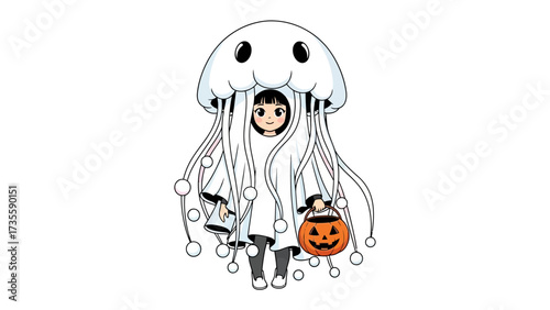Halloween Jellyfish Costume: A charming illustration depicts a young person in a whimsical jellyfish costume, embracing the spirit of Halloween with creativity and fun. The scene is playful.