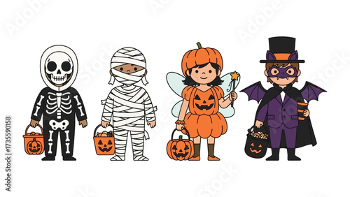 Halloween Gathering: Adorable cartoon characters in festive Halloween costumes, ready for trick-or-treating with their jack-o'-lantern buckets and beaming smiles. 