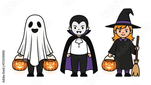 Halloween Trio: A delightful illustration showcases three classic Halloween characters – a cheerful ghost, a dapper vampire, and a whimsical witch, each clutching a glowing pumpkin lantern.