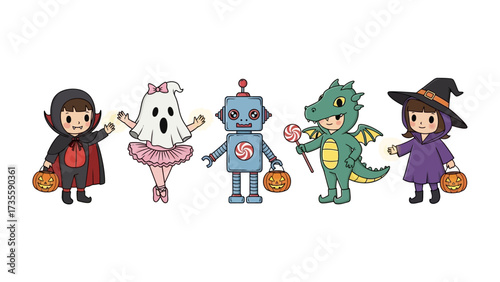 Halloween Costume Characters: Five cute children dressed in imaginative costumes gather together for a spooktacular Halloween celebration, sharing in the joyous spirit of trick-or-treating. 