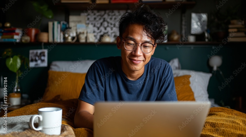 Fototapeta premium Man sitting at desk using laptop