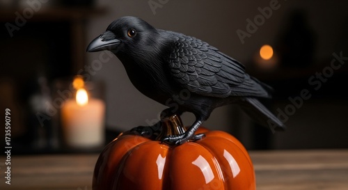 A black raven sits atop a shiny orange ceramic pumpkin in a dim room lit by candlelight