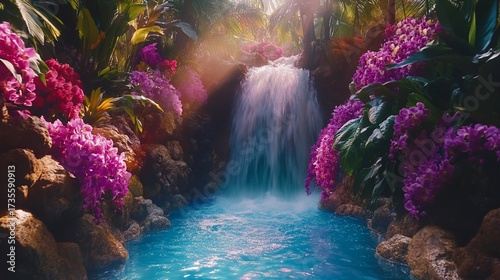 Tranquil Waterfall Oasis, Lush Plants, Sunlight