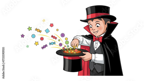 Magician and Magic: A whimsical illustration of a magician pulling out objects from a magic hat, bringing a touch of wonder and enchantment