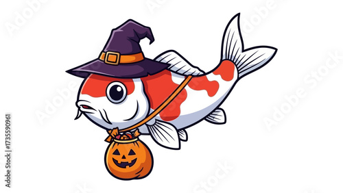 Halloween Koi: A whimsical illustration of a koi fish adorned with a witch's hat and a pumpkin bag, perfect for a fun and festive Halloween theme.