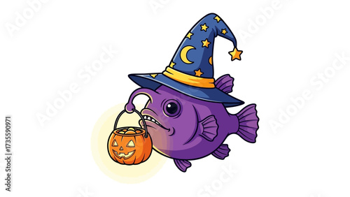 Whimsical Angler Fish: A vibrant, illustrated Anglerfish, whimsically adorned for the Halloween season, it holds a jack-o'-lantern and wears a star-studded wizard's hat.
