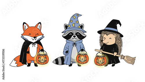 Halloween Critters: A trio of adorable forest friends, dressed in charming costumes, gleefully hold carved pumpkins, inviting viewers into a whimsical, Halloween-themed scene of joyful celebration.