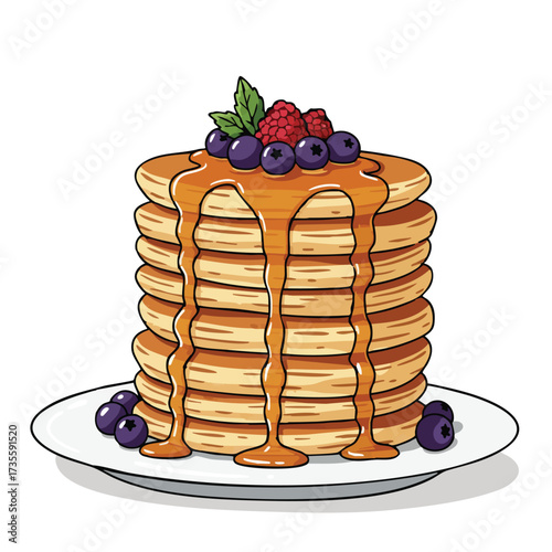 Stack of Delicious Pancakes with Syrup and Berries.