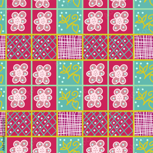 Colorful floral and geometric seamless pattern with vintage tile design
