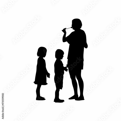 Silhouette of a caregiver teaching children to brush teeth isolated on white background