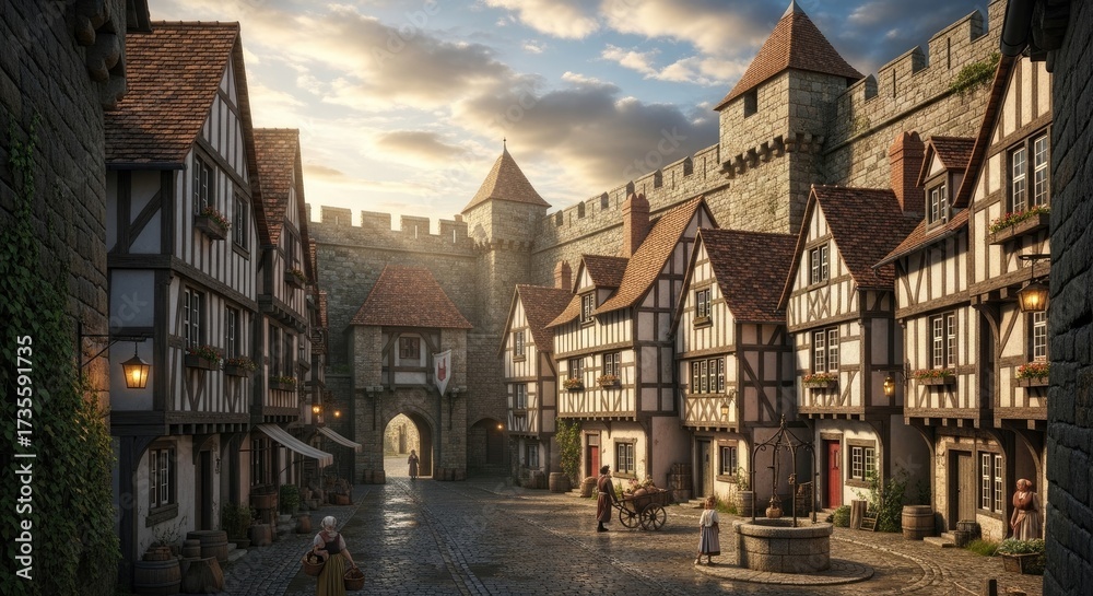 Fototapeta premium Medieval European Town with Half-Timbered Houses and Castle Walls.