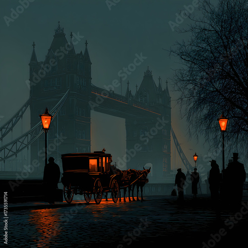 Victorian era horse carriage by Tower Bridge London in foggy evening