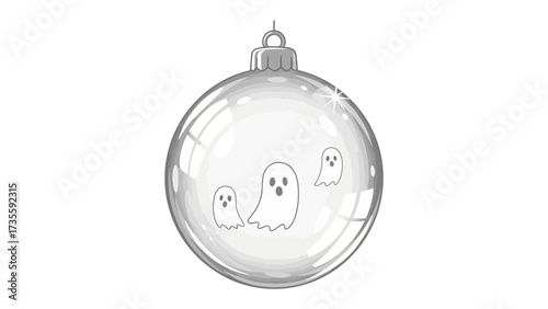 Holiday Ghost Ornament: A clear glass ornament whimsically adorned with three adorable cartoon ghosts, perfectly capturing the spooky spirit of Halloween in a festive, illustrative style. 