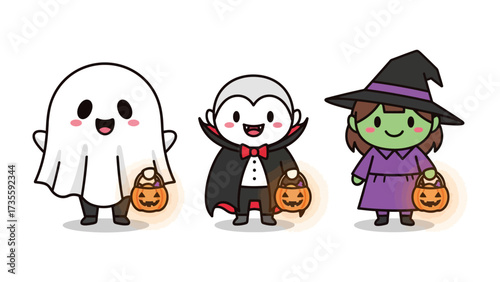 Halloween Delight: Three charmingly spooky characters, a friendly ghost, a dapper vampire, and a whimsical witch, bring the enchantment of Halloween to life.